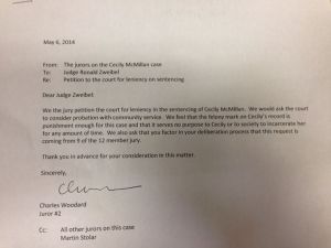 The letter that jurors wrote to Judge Zweibel regarding Cecily McMillan.
