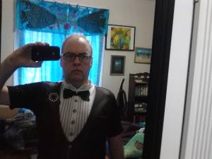 My spandex tuxedo--perfect for summer formals that involve biking.